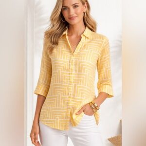 Chico’s 0.5 Yellow White Geometric Linen Button Shirt Top Size Small 6